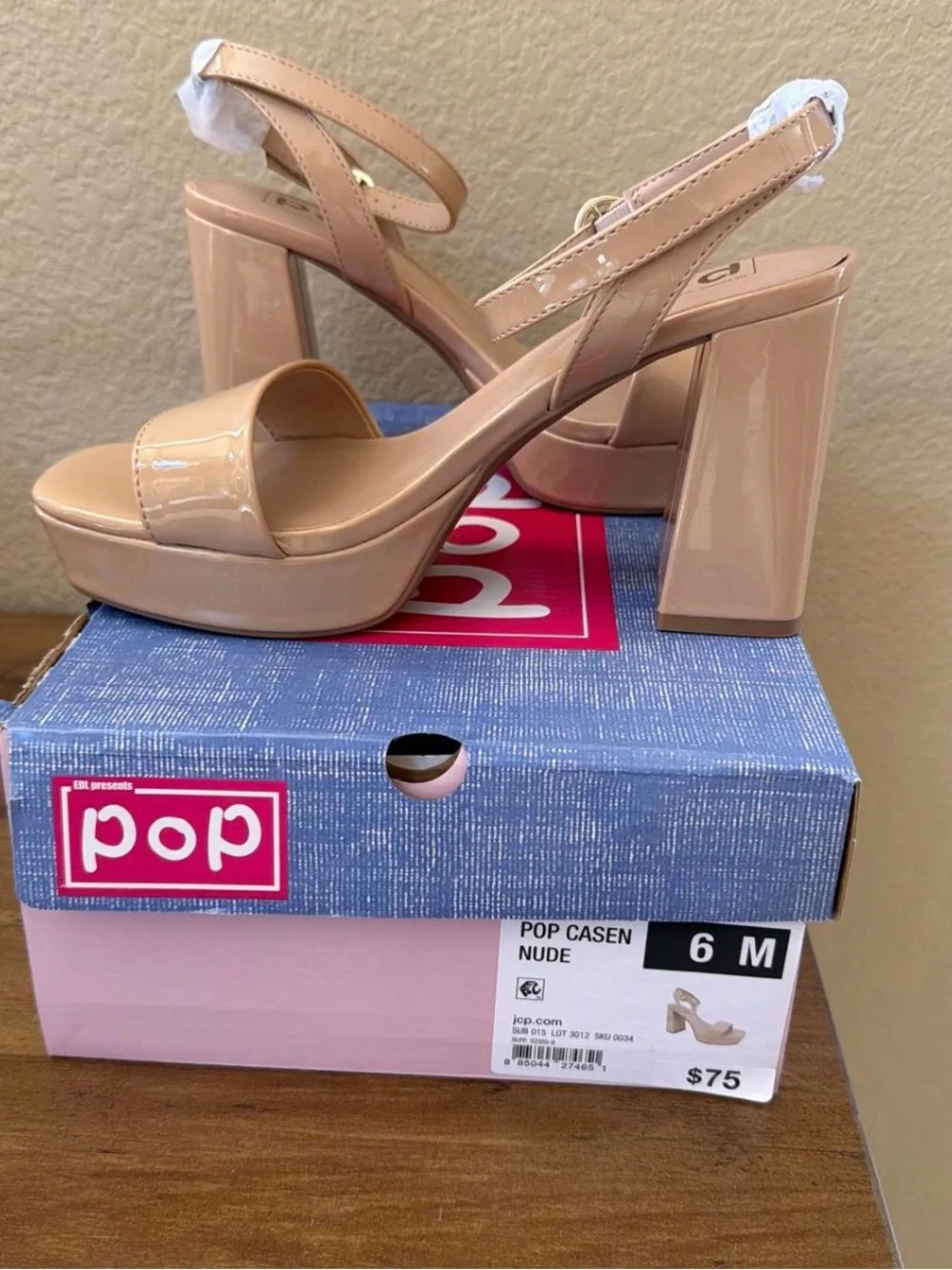 Pop Casen Nude Patent Platform Block Heels